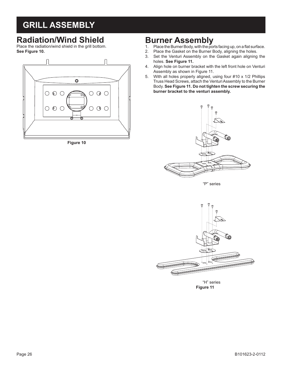 Radiation/wind shield, Grill assembly burner assembly | Broilmaster P4XF-1 User Manual | Page 26 / 56