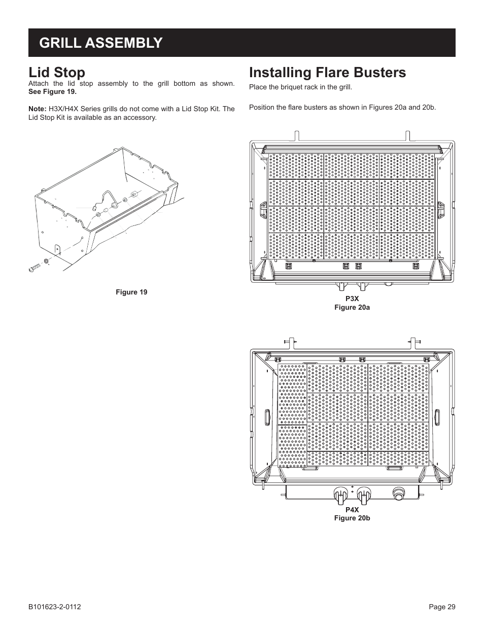 Lid stop, Grill assembly installing flare busters | Broilmaster P4XF-1 User Manual | Page 29 / 56