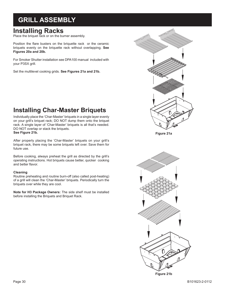 Installing racks, Grill assembly, Installing char-master briquets | Broilmaster P4XF-1 User Manual | Page 30 / 56