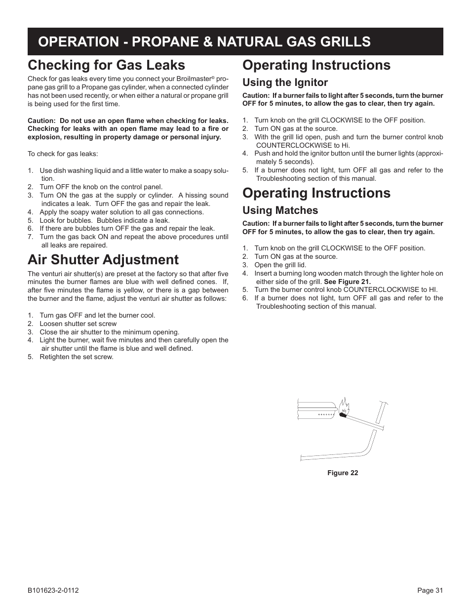 Checking for gas leaks, Air shutter adjustment, Operating instructions | Using the ignitor, Using matches | Broilmaster P4XF-1 User Manual | Page 31 / 56