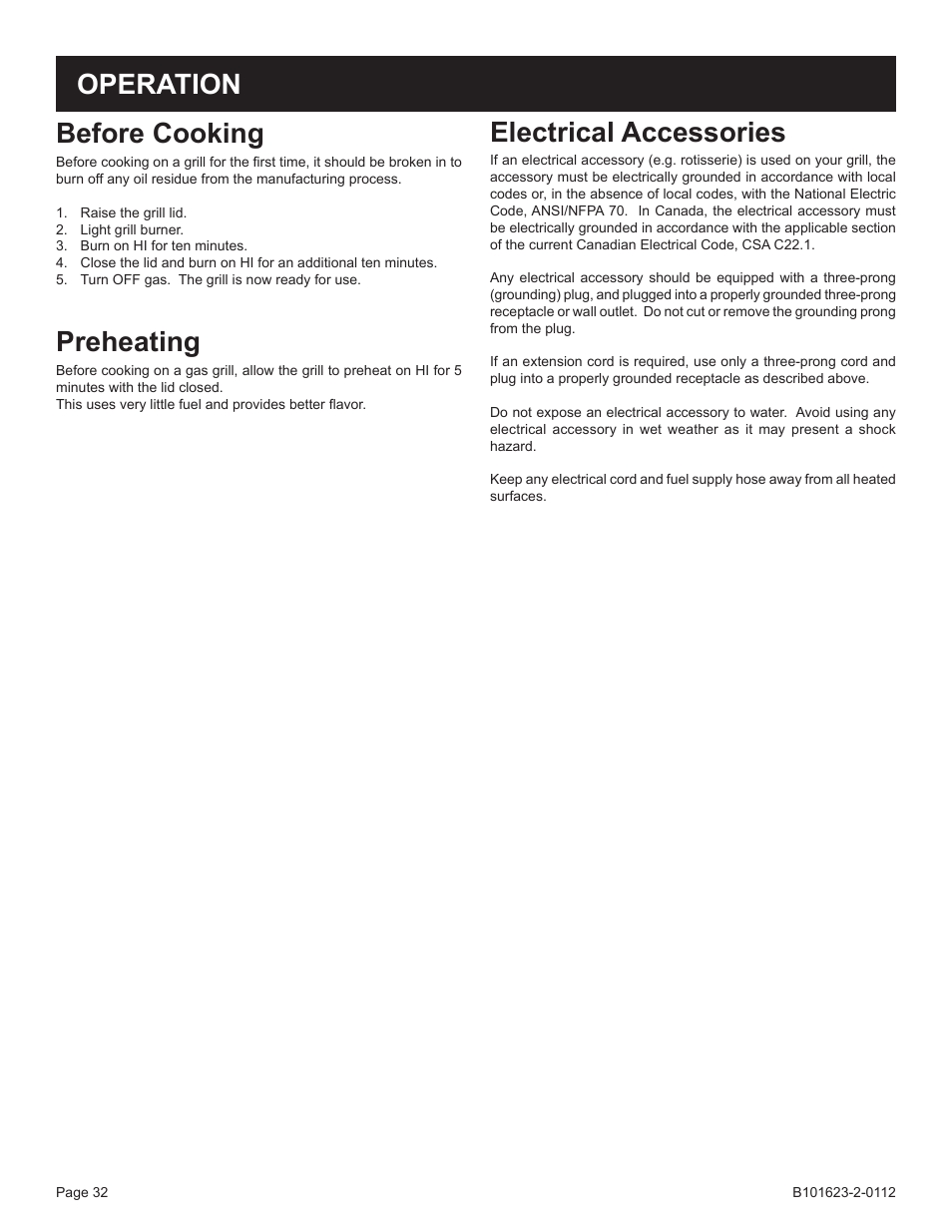 Before cooking, Preheating, Operation electrical accessories | Broilmaster P4XF-1 User Manual | Page 32 / 56