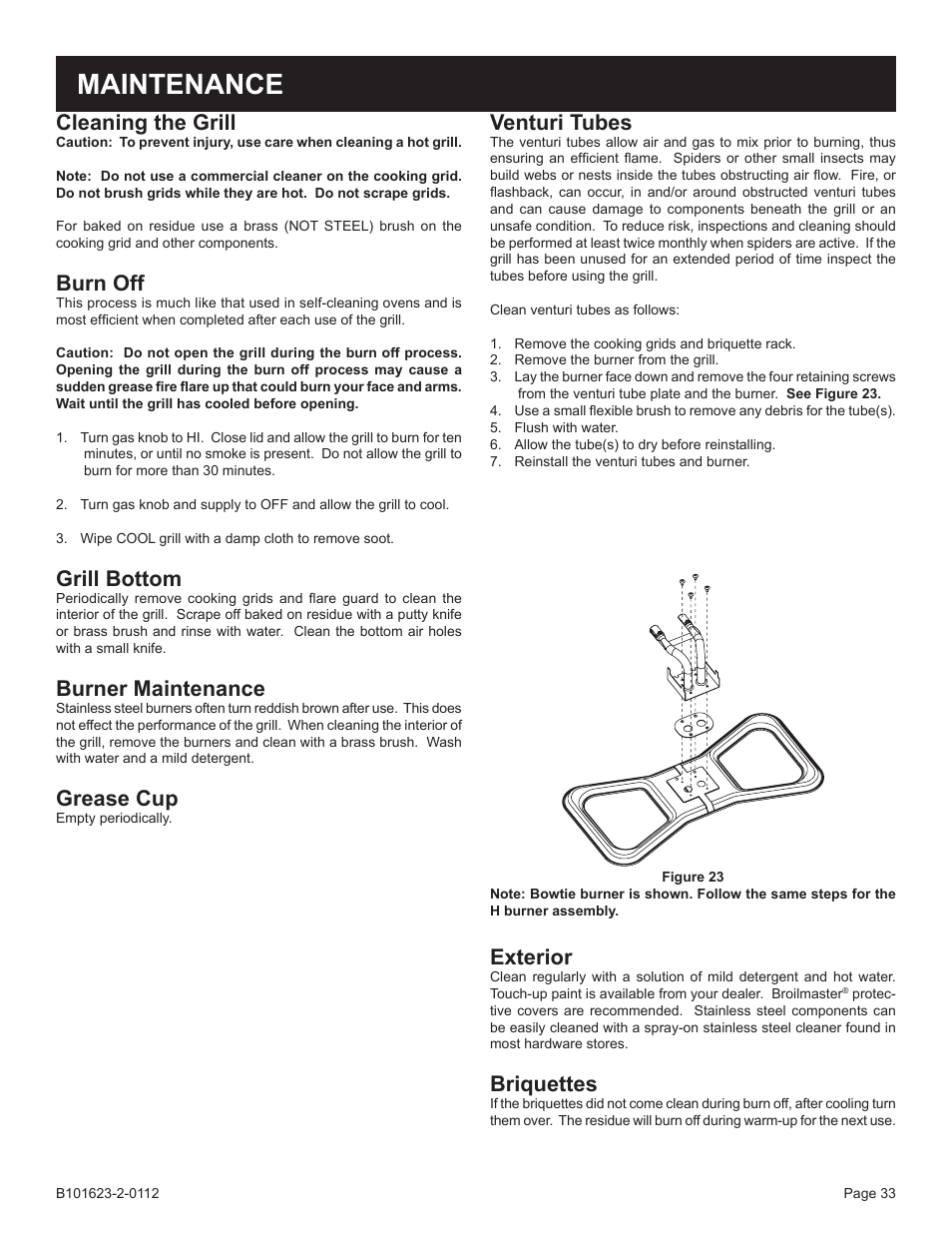 Maintenance, Cleaning the grill, Burn off | Grill bottom, Burner maintenance, Grease cup, Venturi tubes, Exterior, Briquettes | Broilmaster P4XF-1 User Manual | Page 33 / 56