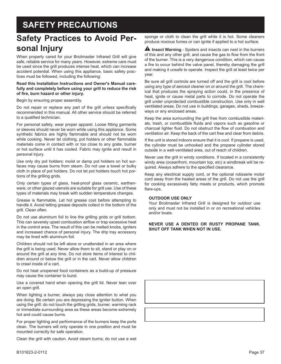 Safety practices to avoid per- sonal injury, Safety precautions | Broilmaster P4XF-1 User Manual | Page 37 / 56