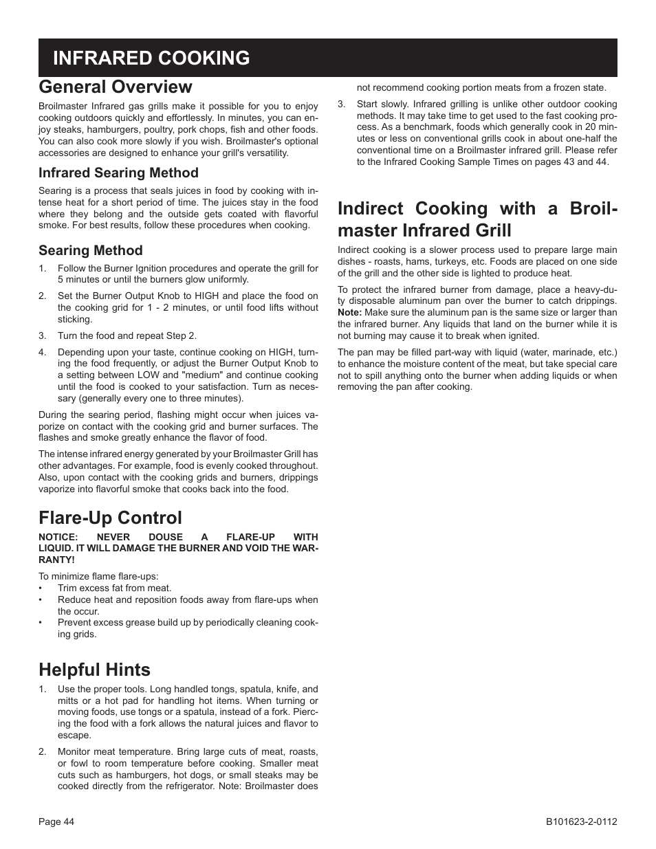 Infrared cooking, General overview, Flare-up control | Helpful hints, Infrared searing method, Searing method | Broilmaster P4XF-1 User Manual | Page 44 / 56