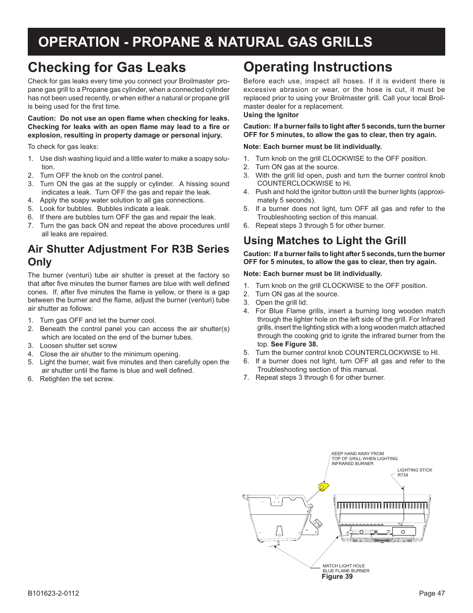 Operating instructions, Checking for gas leaks, Operation - propane & natural gas grills | Using matches to light the grill, Air shutter adjustment for r3b series only | Broilmaster P4XF-1 User Manual | Page 47 / 56