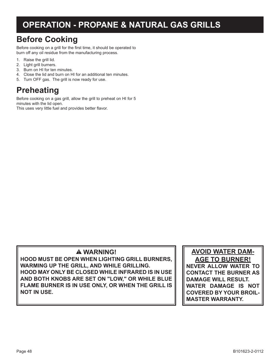 Before cooking, Preheating, Operation - propane & natural gas grills | Broilmaster P4XF-1 User Manual | Page 48 / 56