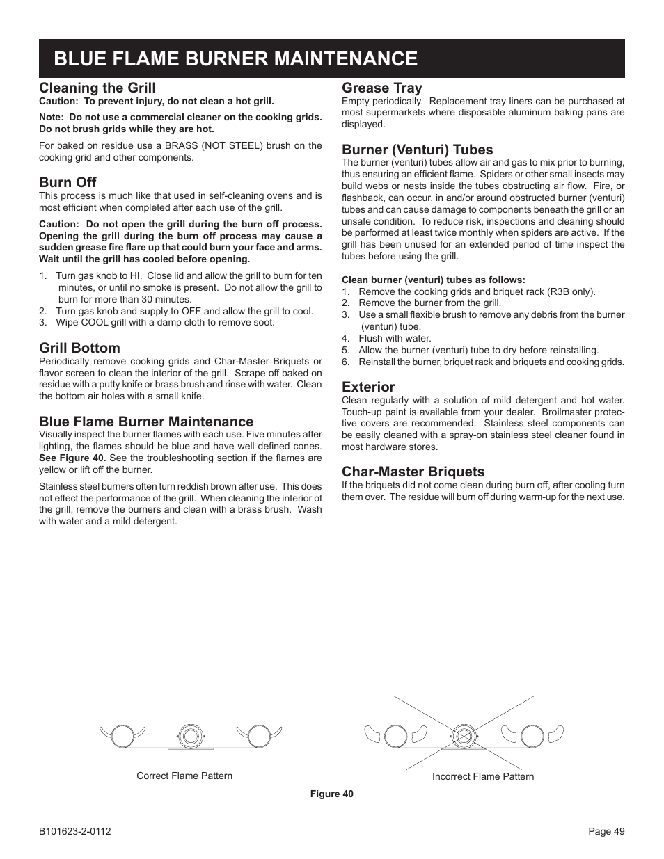 Cleaning the grill, Burn off, Grill bottom | Blue flame burner maintenance, Grease tray, Burner (venturi) tubes, Exterior, Char-master briquets | Broilmaster P4XF-1 User Manual | Page 49 / 56