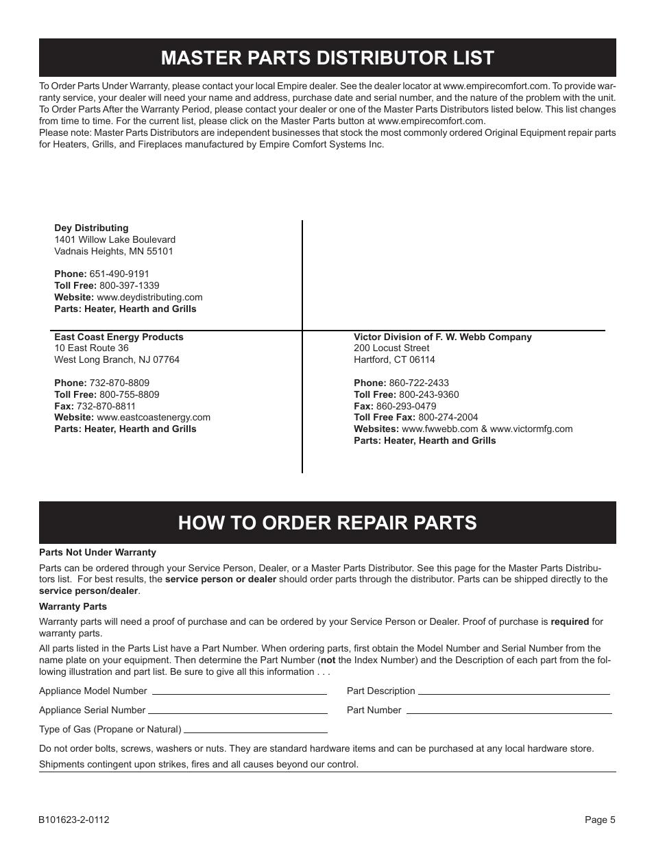 Master parts distributor list, How to order repair parts | Broilmaster P4XF-1 User Manual | Page 5 / 56