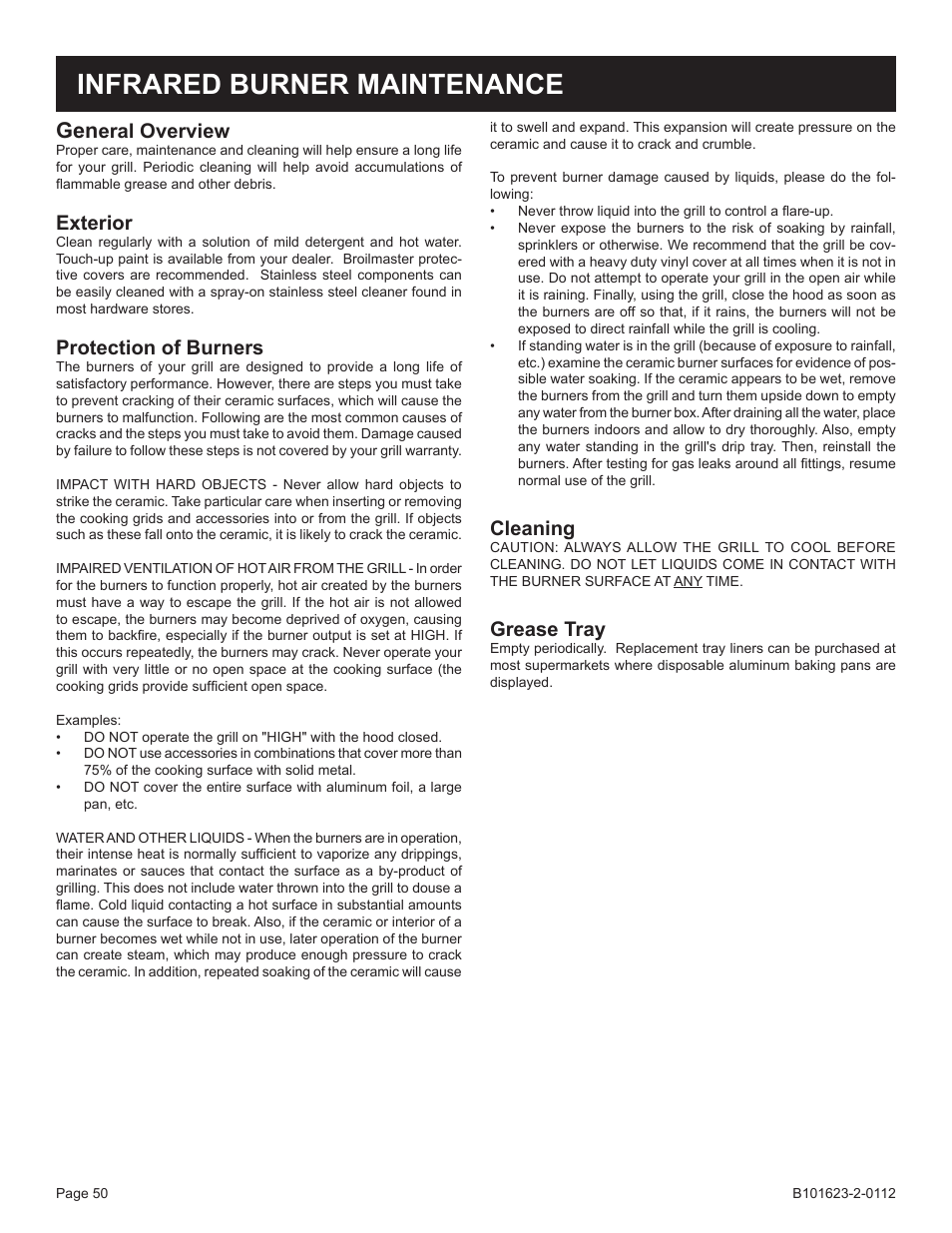 Infrared burner maintenance, Eral overview, Exterior | Protection of burners, Cleaning, Grease tray | Broilmaster P4XF-1 User Manual | Page 50 / 56