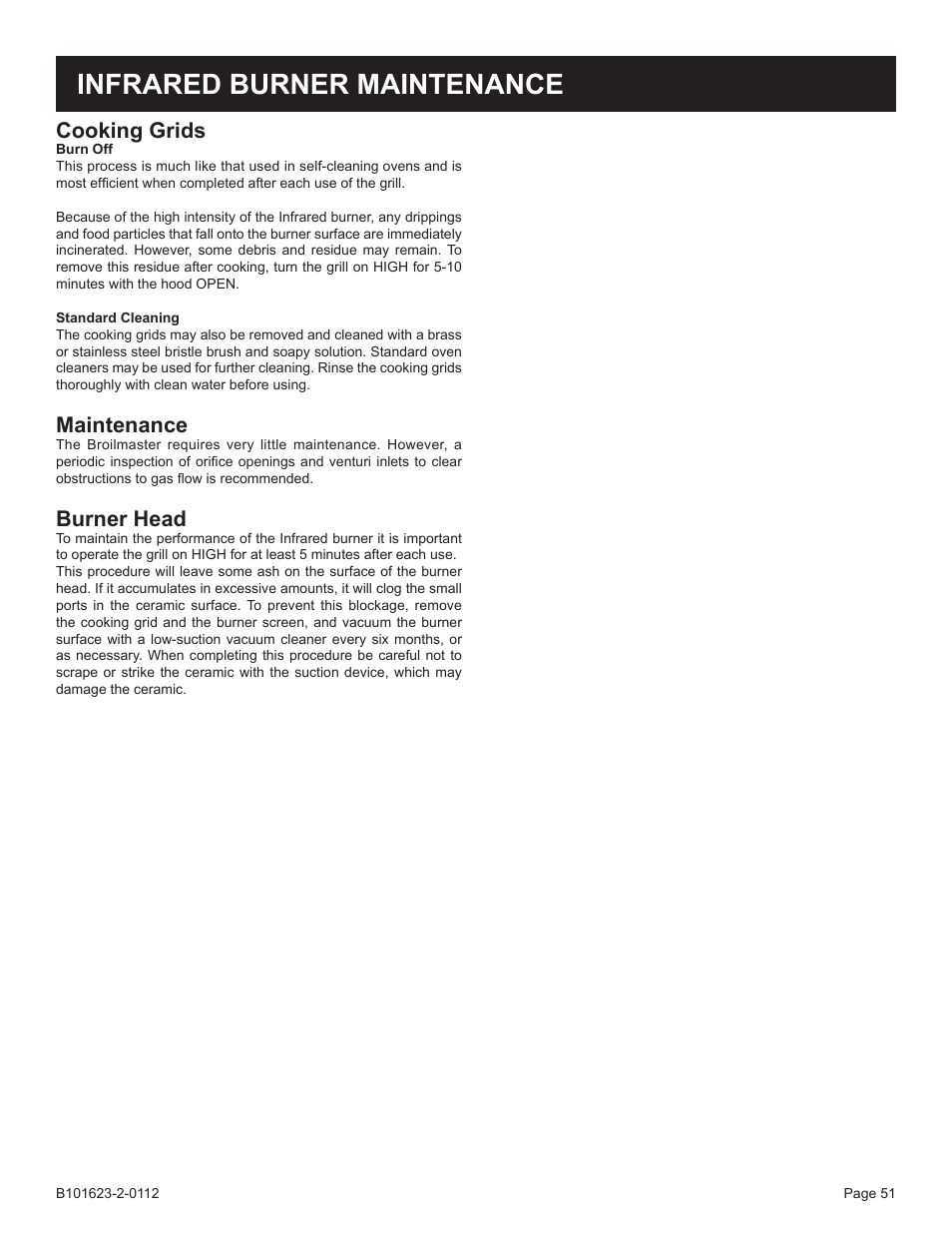 Infrared burner maintenance, Cooking grids, Maintenance | Burner head | Broilmaster P4XF-1 User Manual | Page 51 / 56