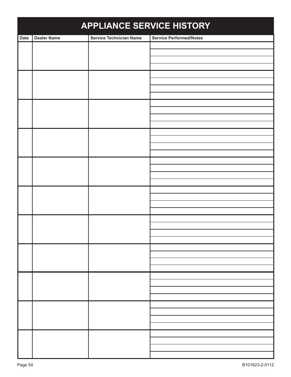 Appliance service history | Broilmaster P4XF-1 User Manual | Page 54 / 56