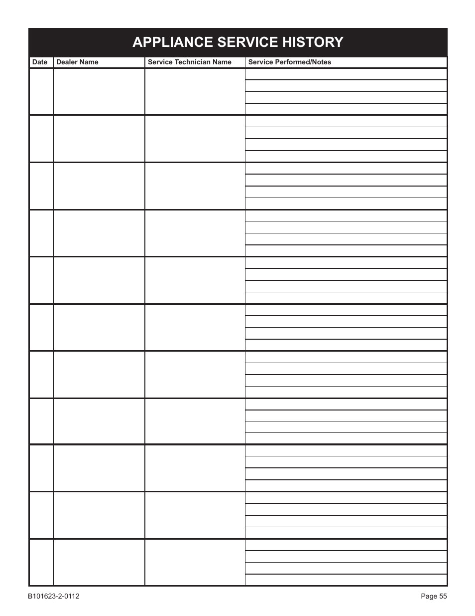 Appliance service history | Broilmaster P4XF-1 User Manual | Page 55 / 56