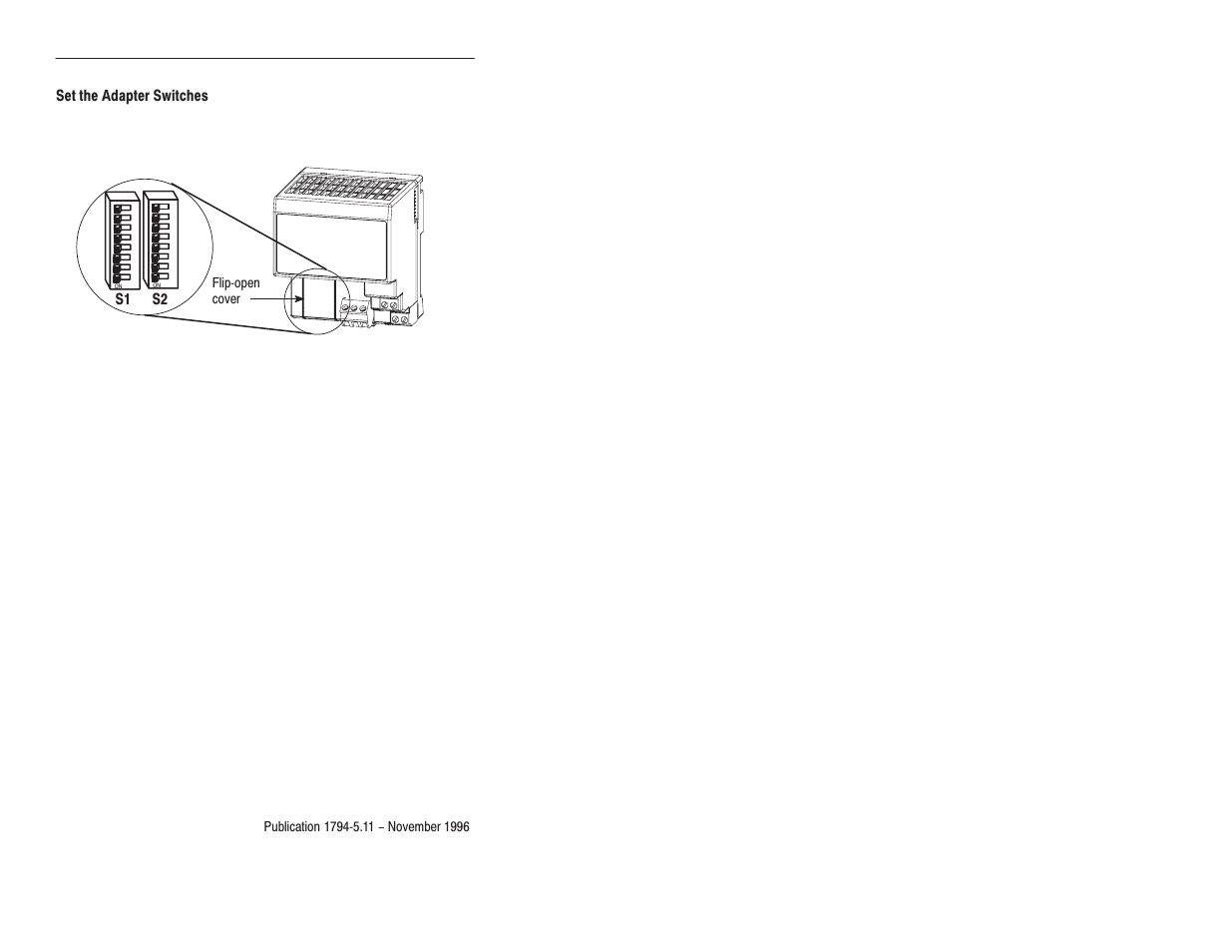 Set the adapter switches, S1 s2, Flipćopen cover | Rockwell Automation 1794-ASB Remote Flex I/O Adapter Installation Instructions User Manual | Page 5 / 12