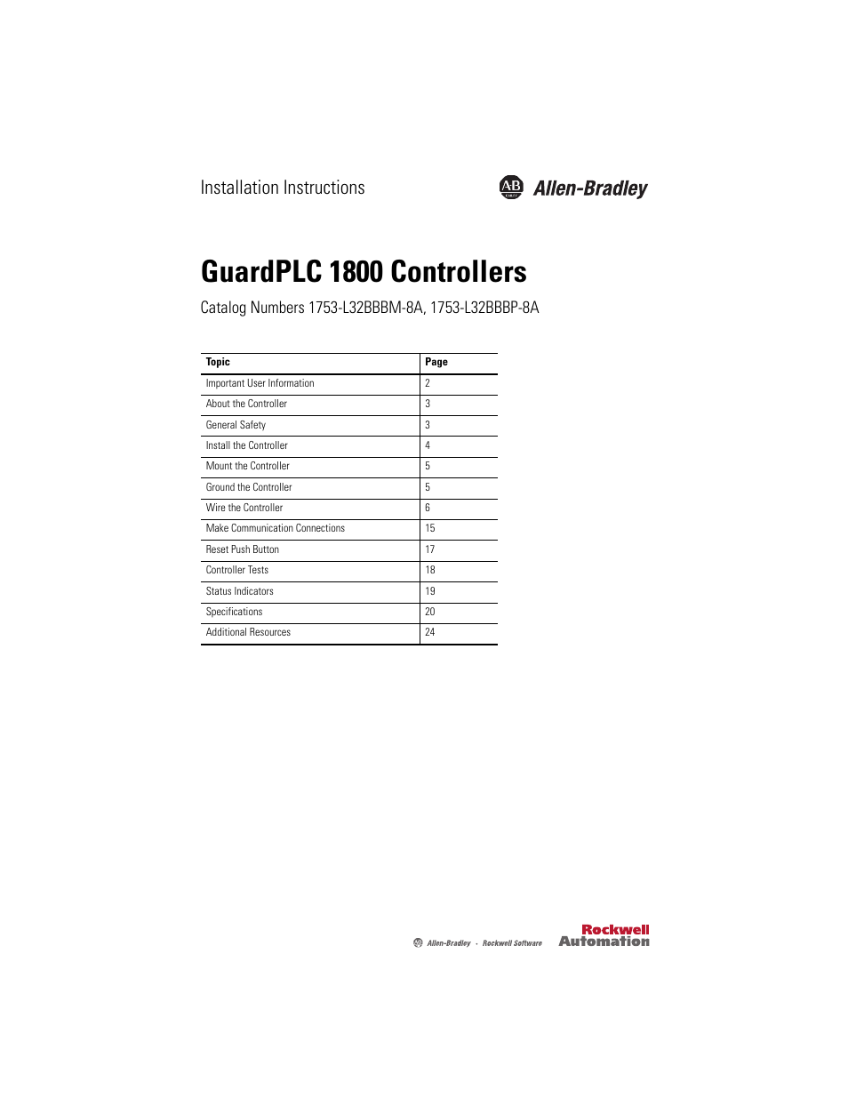 Rockwell Automation 1753-L32BBBP-8A GuardPLC 1800 Controller User Manual | 24 pages