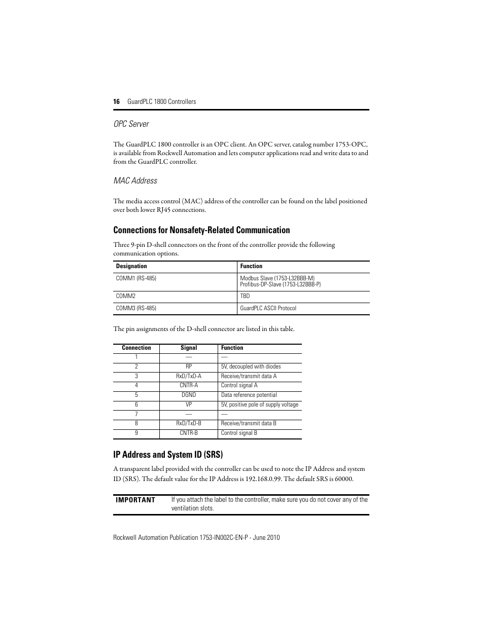 Connections for nonsafety-related communication, Ip address and system id (srs), Opc server | Mac address | Rockwell Automation 1753-L32BBBP-8A GuardPLC 1800 Controller User Manual | Page 16 / 24