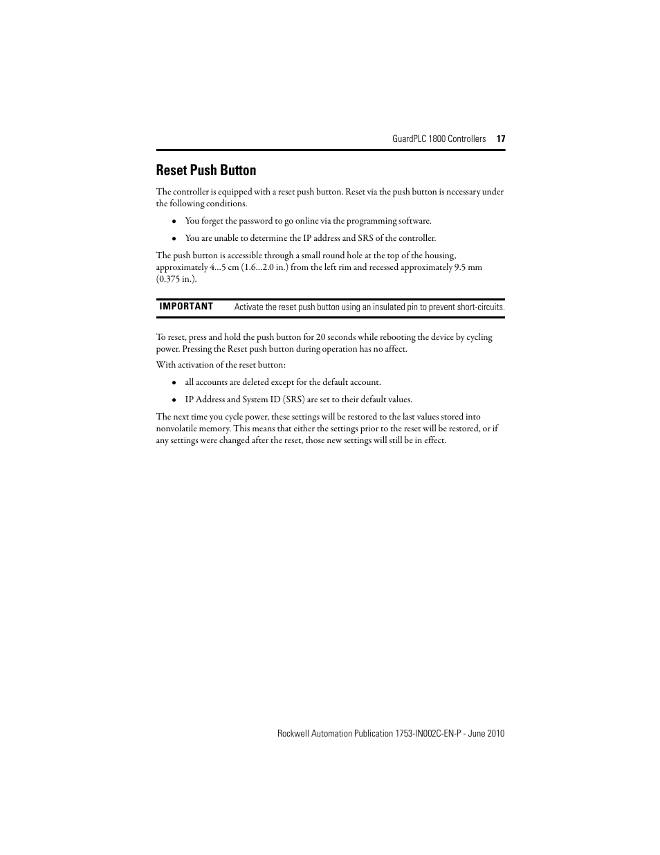 Reset push button | Rockwell Automation 1753-L32BBBP-8A GuardPLC 1800 Controller User Manual | Page 17 / 24