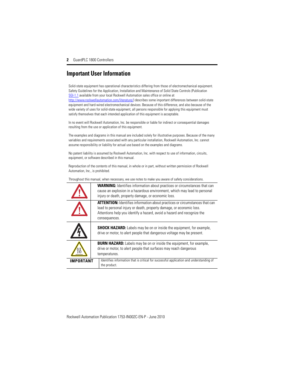 Important user information | Rockwell Automation 1753-L32BBBP-8A GuardPLC 1800 Controller User Manual | Page 2 / 24