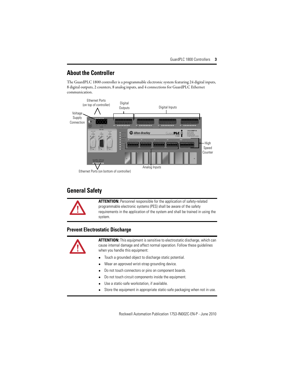 About the controller, General safety, Prevent electrostatic discharge | Rockwell Automation 1753-L32BBBP-8A GuardPLC 1800 Controller User Manual | Page 3 / 24