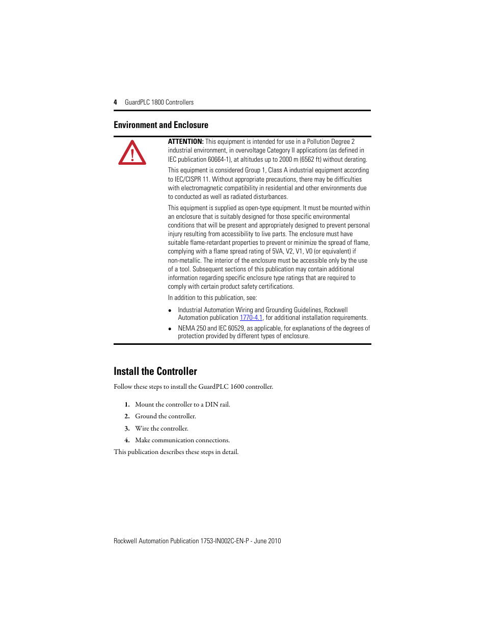 Environment and enclosure, Install the controller | Rockwell Automation 1753-L32BBBP-8A GuardPLC 1800 Controller User Manual | Page 4 / 24