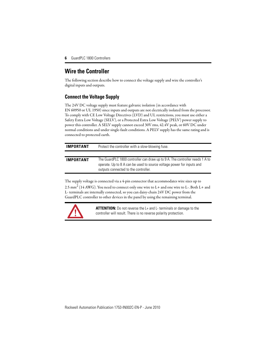 Wire the controller, Connect the voltage supply | Rockwell Automation 1753-L32BBBP-8A GuardPLC 1800 Controller User Manual | Page 6 / 24