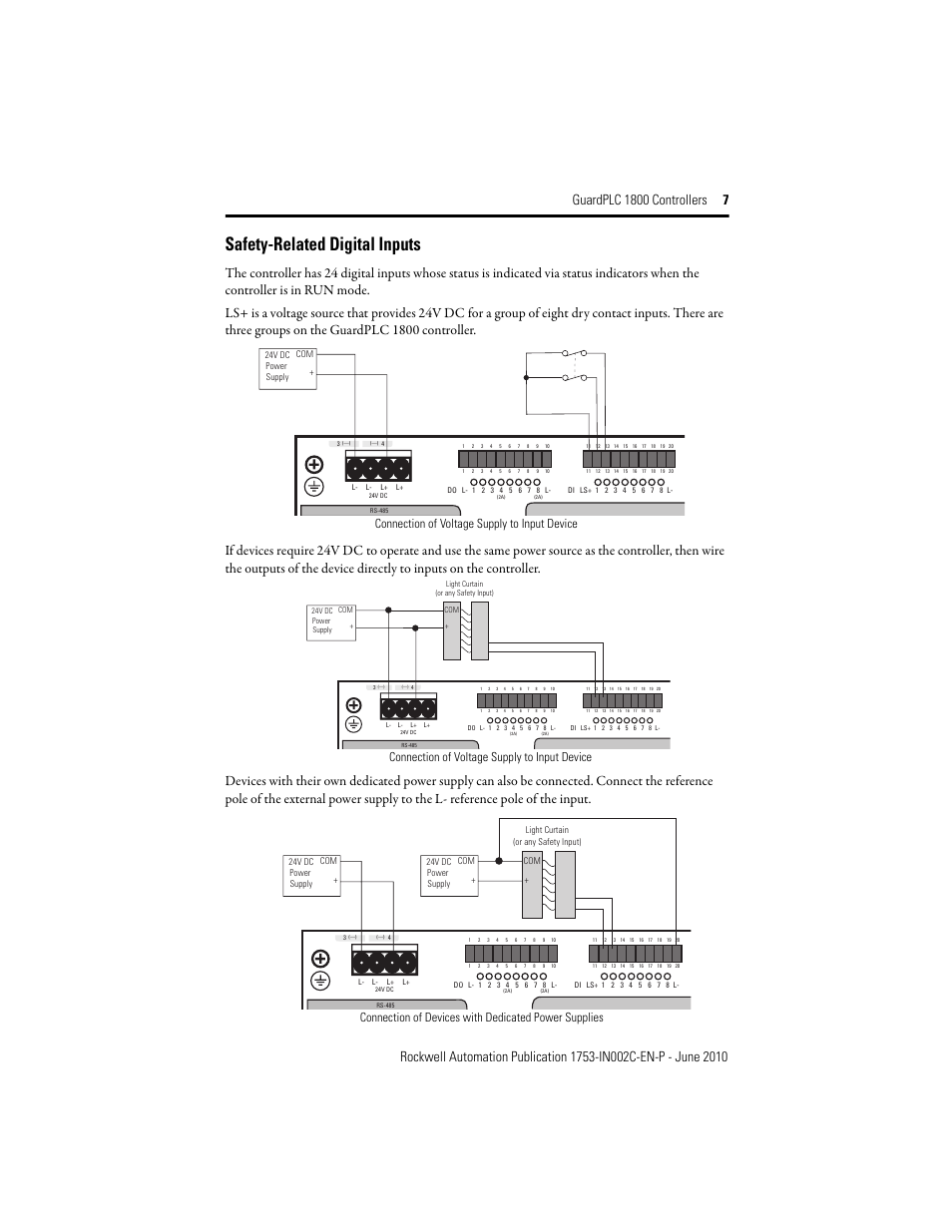 Safety-related digital inputs, Connection of voltage supply to input device | Rockwell Automation 1753-L32BBBP-8A GuardPLC 1800 Controller User Manual | Page 7 / 24