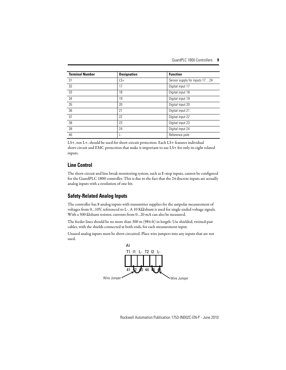 Line control, Safety-related analog inputs | Rockwell Automation 1753-L32BBBP-8A GuardPLC 1800 Controller User Manual | Page 9 / 24