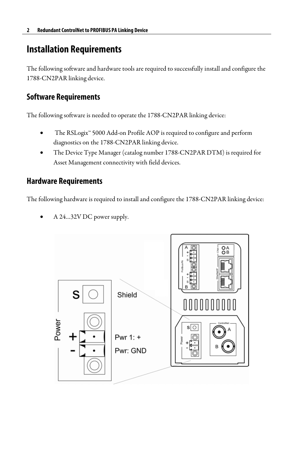 Installation requirements, Software requirements, Hardware requirements | Rockwell Automation 1788-CN2PAR Redundant ControlNet to PROFIBUS PA Linking Device Quick Start User Manual | Page 2 / 8