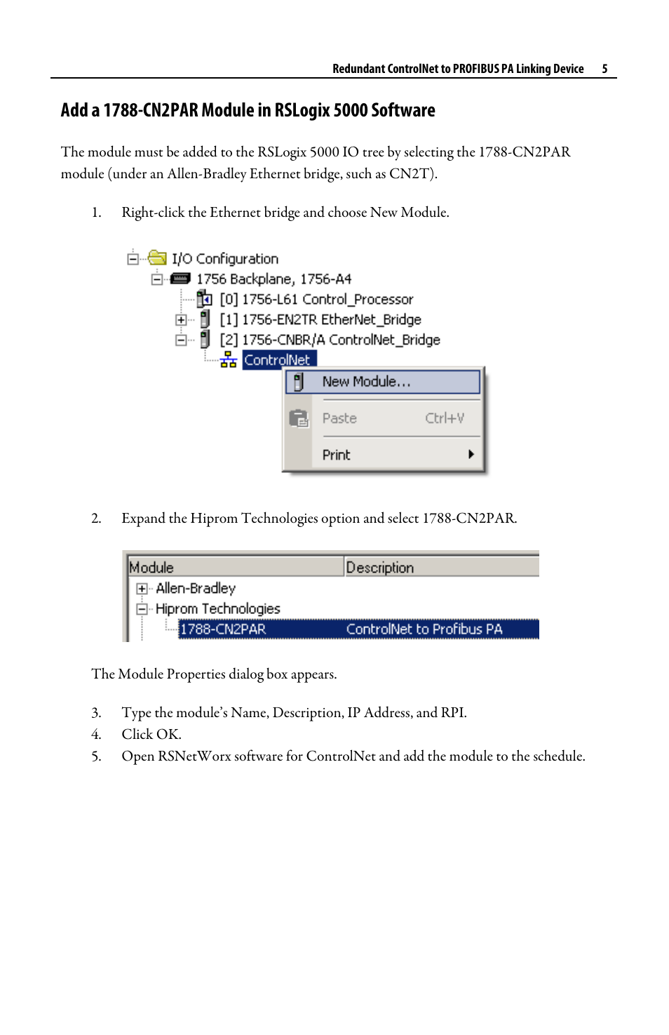 Add a 1788-cn2par module in rslogix 5000 software | Rockwell Automation 1788-CN2PAR Redundant ControlNet to PROFIBUS PA Linking Device Quick Start User Manual | Page 5 / 8