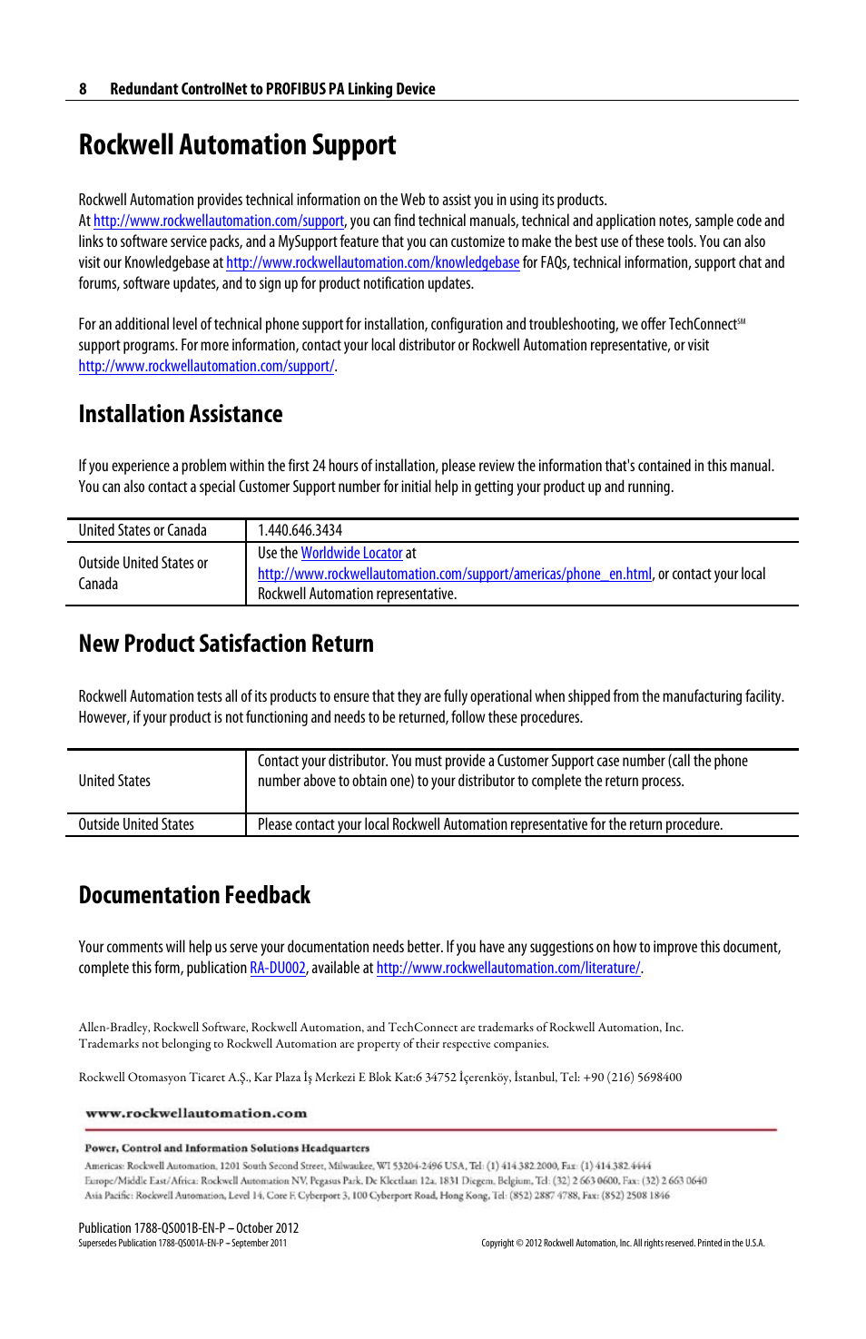 Rockwell automation support, Installation assistance, New product satisfaction return | Documentation feedback | Rockwell Automation 1788-CN2PAR Redundant ControlNet to PROFIBUS PA Linking Device Quick Start User Manual | Page 8 / 8