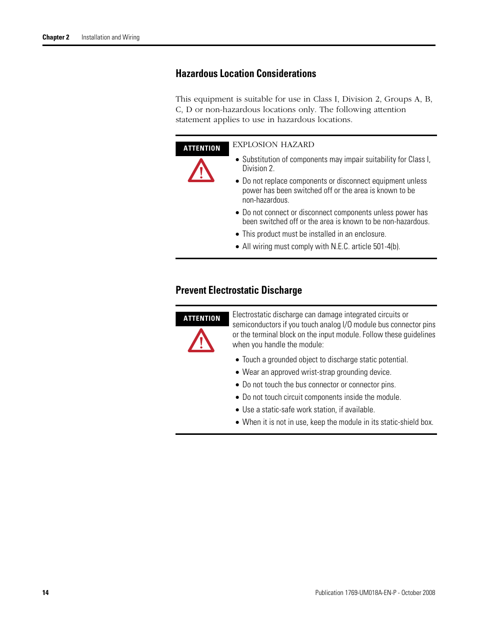 Hazardous location considerations, Prevent electrostatic discharge | Rockwell Automation 1769-IF16V Compact High Density Analog Input Modules User Manual | Page 14 / 84
