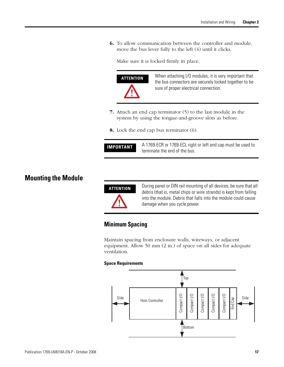 Mounting the module, Minimum spacing | Rockwell Automation 1769-IF16V Compact High Density Analog Input Modules User Manual | Page 17 / 84