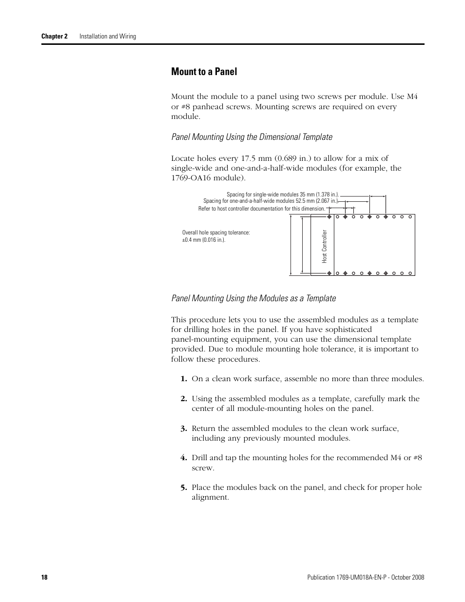 Mount to a panel, Panel mounting using the dimensional | Rockwell Automation 1769-IF16V Compact High Density Analog Input Modules User Manual | Page 18 / 84