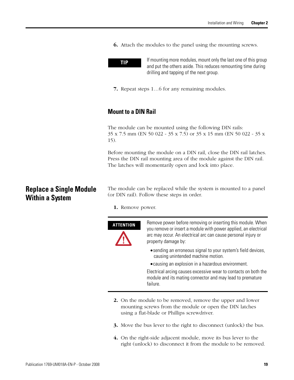 Replace a single module within a system, Mount to a din rail, Replace a single module | Rockwell Automation 1769-IF16V Compact High Density Analog Input Modules User Manual | Page 19 / 84