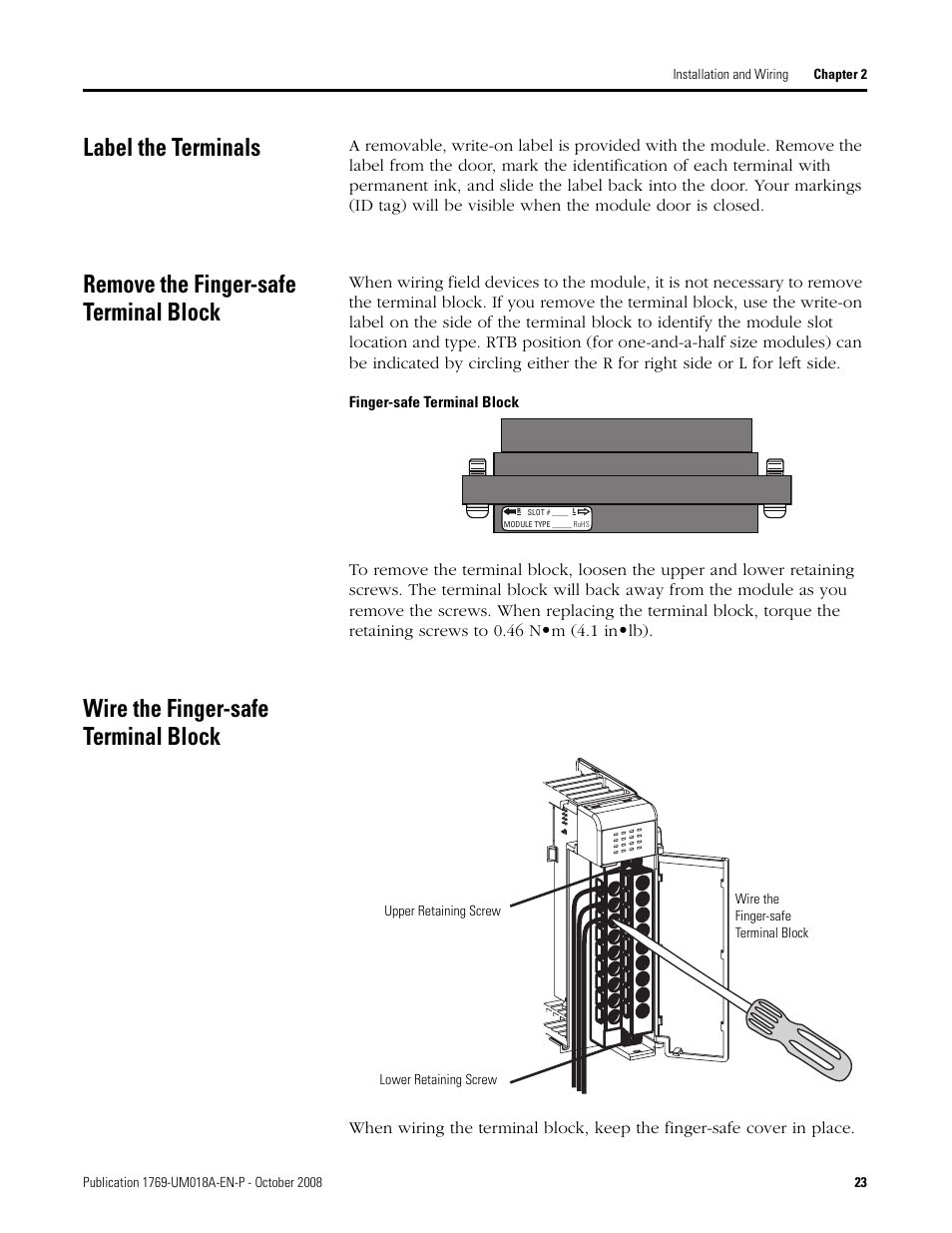 Label the terminals, Remove the finger-safe terminal block, Wire the finger-safe terminal block | Rockwell Automation 1769-IF16V Compact High Density Analog Input Modules User Manual | Page 23 / 84