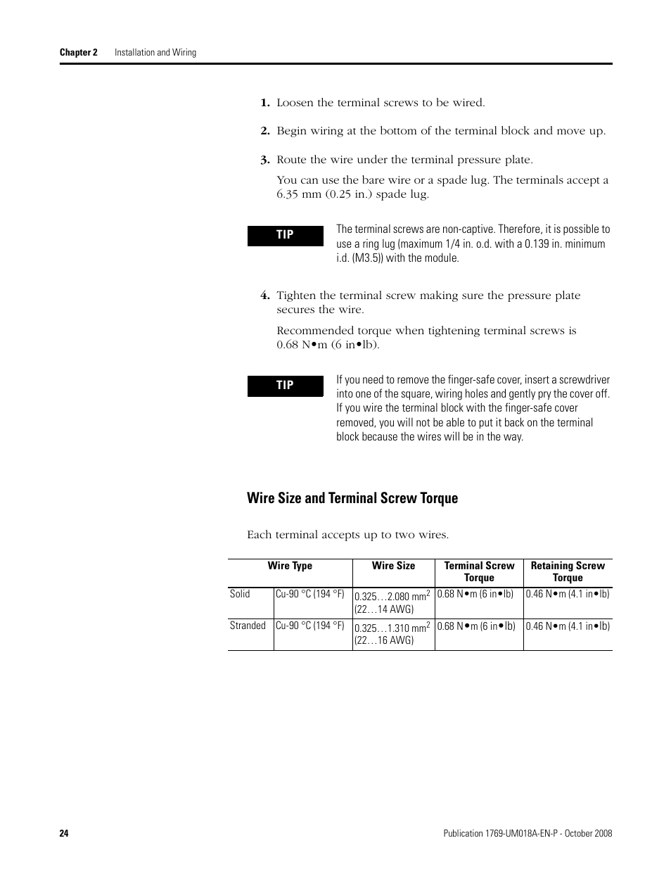 Wire size and terminal screw torque | Rockwell Automation 1769-IF16V Compact High Density Analog Input Modules User Manual | Page 24 / 84