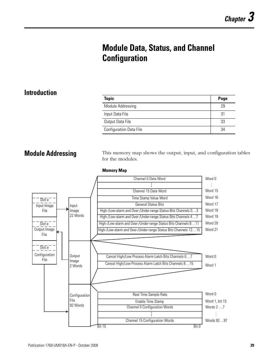3 - module data, status, and channel configuration, Introduction, Module addressing | Chapter 3, Module data, status, and channel configuration, Introduction module addressing, Chapter | Rockwell Automation 1769-IF16V Compact High Density Analog Input Modules User Manual | Page 29 / 84
