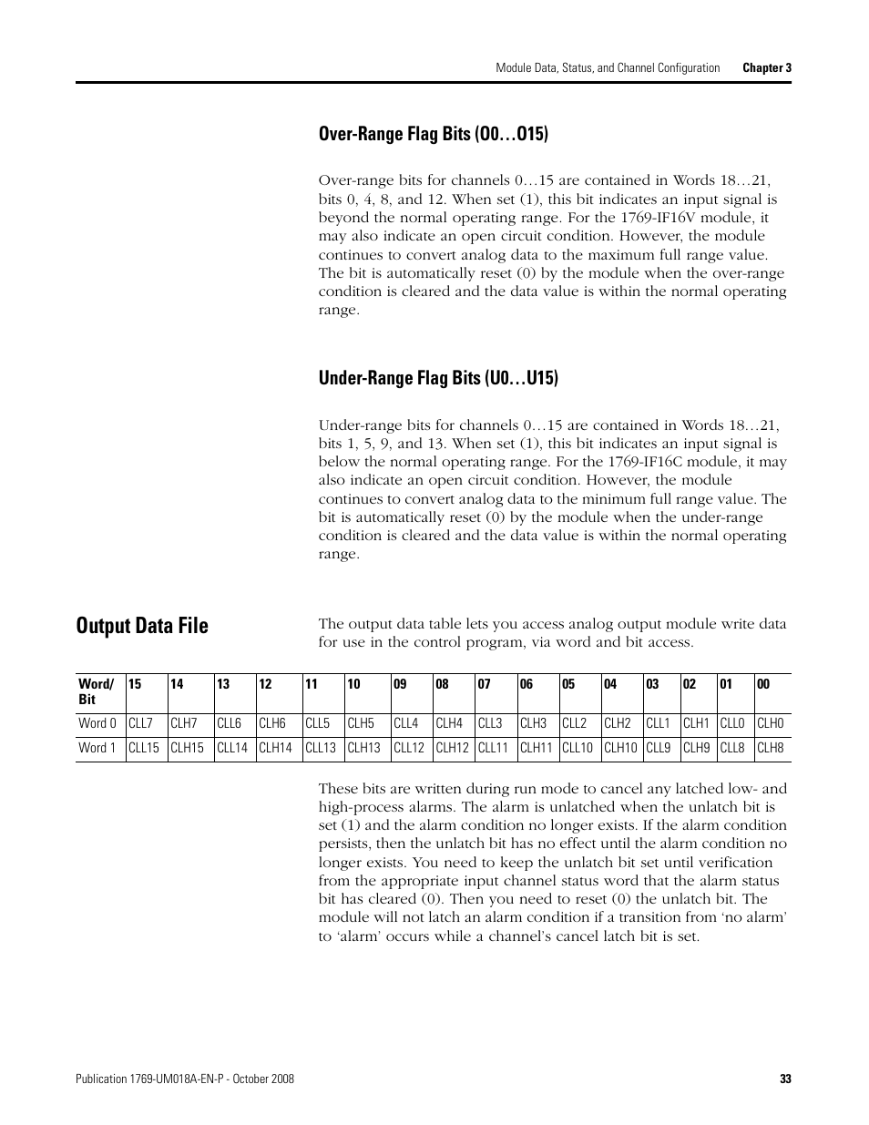 Output data file, Over-range flag bits (o0…o15), Under-range flag bits (u0…u15) | Rockwell Automation 1769-IF16V Compact High Density Analog Input Modules User Manual | Page 33 / 84