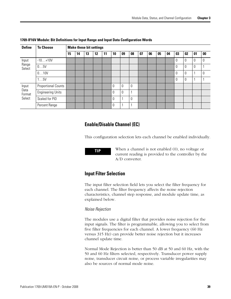 Enable/disable channel (ec) input filter selection, Enable/disable channel (ec), Input filter selection | Rockwell Automation 1769-IF16V Compact High Density Analog Input Modules User Manual | Page 39 / 84