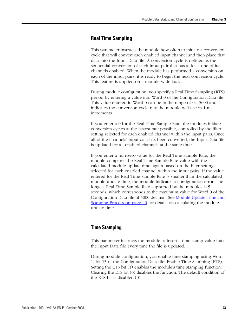 Real time sampling time stamping, Real time sampling, Time stamping | Rockwell Automation 1769-IF16V Compact High Density Analog Input Modules User Manual | Page 43 / 84