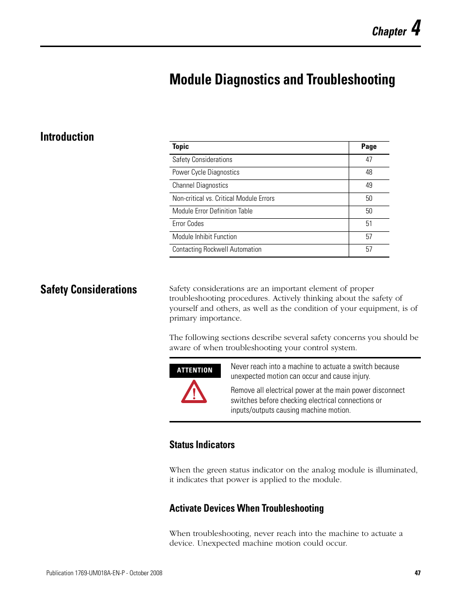4 - module diagnostics and troubleshooting, Introduction, Safety considerations | Chapter 4, Module diagnostics and troubleshooting, Introduction safety considerations, Chapter | Rockwell Automation 1769-IF16V Compact High Density Analog Input Modules User Manual | Page 47 / 84