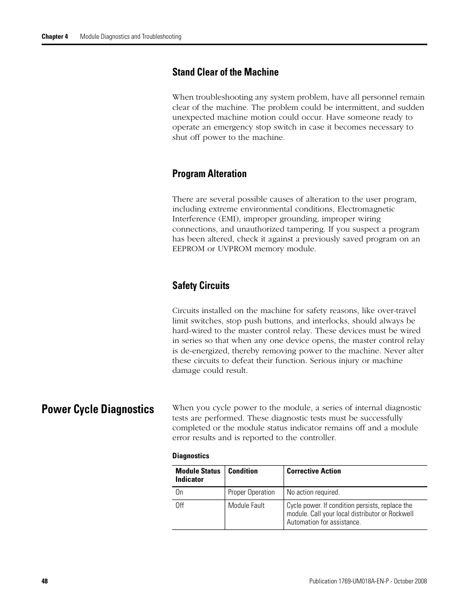 Power cycle diagnostics, Stand clear of the machine, Program alteration | Safety circuits | Rockwell Automation 1769-IF16V Compact High Density Analog Input Modules User Manual | Page 48 / 84