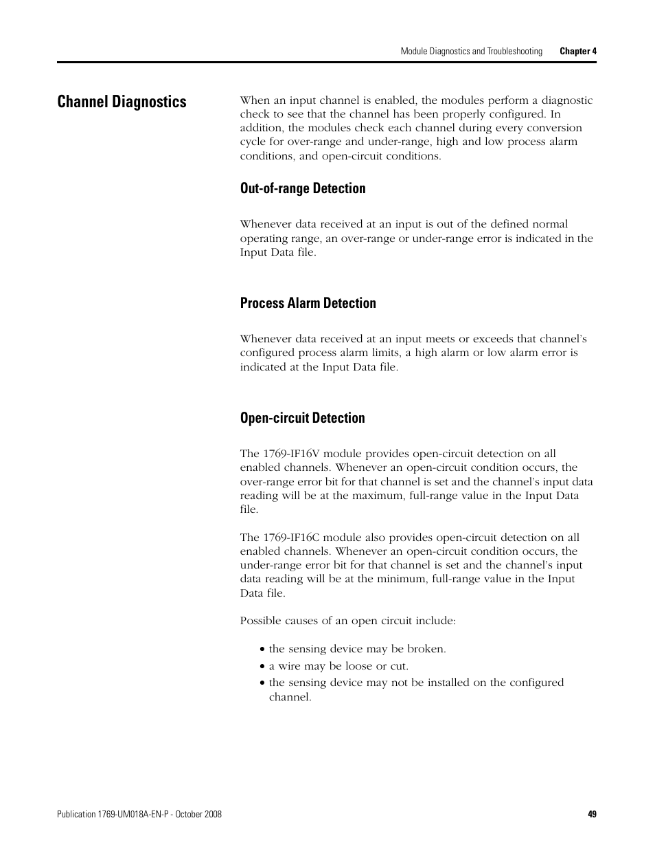 Channel diagnostics, Out-of-range detection, Process alarm detection | Open-circuit detection | Rockwell Automation 1769-IF16V Compact High Density Analog Input Modules User Manual | Page 49 / 84