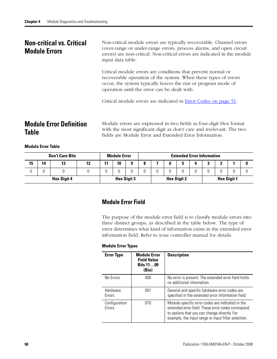 Non-critical vs. critical module errors, Module error definition table, Module error field | Rockwell Automation 1769-IF16V Compact High Density Analog Input Modules User Manual | Page 50 / 84