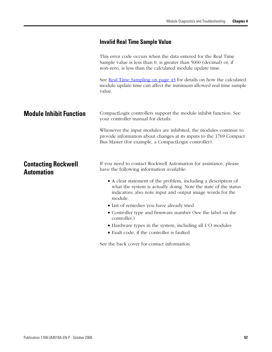 Module inhibit function, Contacting rockwell automation, Invalid real time sample value | Rockwell Automation 1769-IF16V Compact High Density Analog Input Modules User Manual | Page 57 / 84