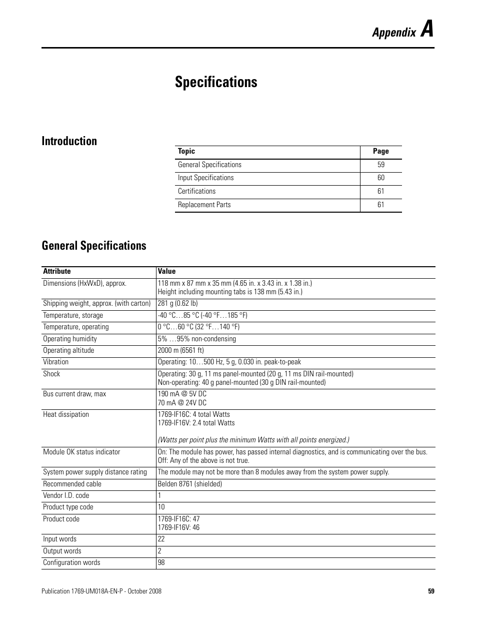 A - specifications, Introduction, General specifications | Appendix a, Specifications, Introduction general specifications, Appendix | Rockwell Automation 1769-IF16V Compact High Density Analog Input Modules User Manual | Page 59 / 84