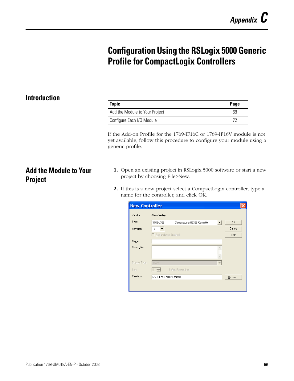 Introduction, Add the module to your project, Appendix c | Introduction add the module to your project, Appendix | Rockwell Automation 1769-IF16V Compact High Density Analog Input Modules User Manual | Page 69 / 84