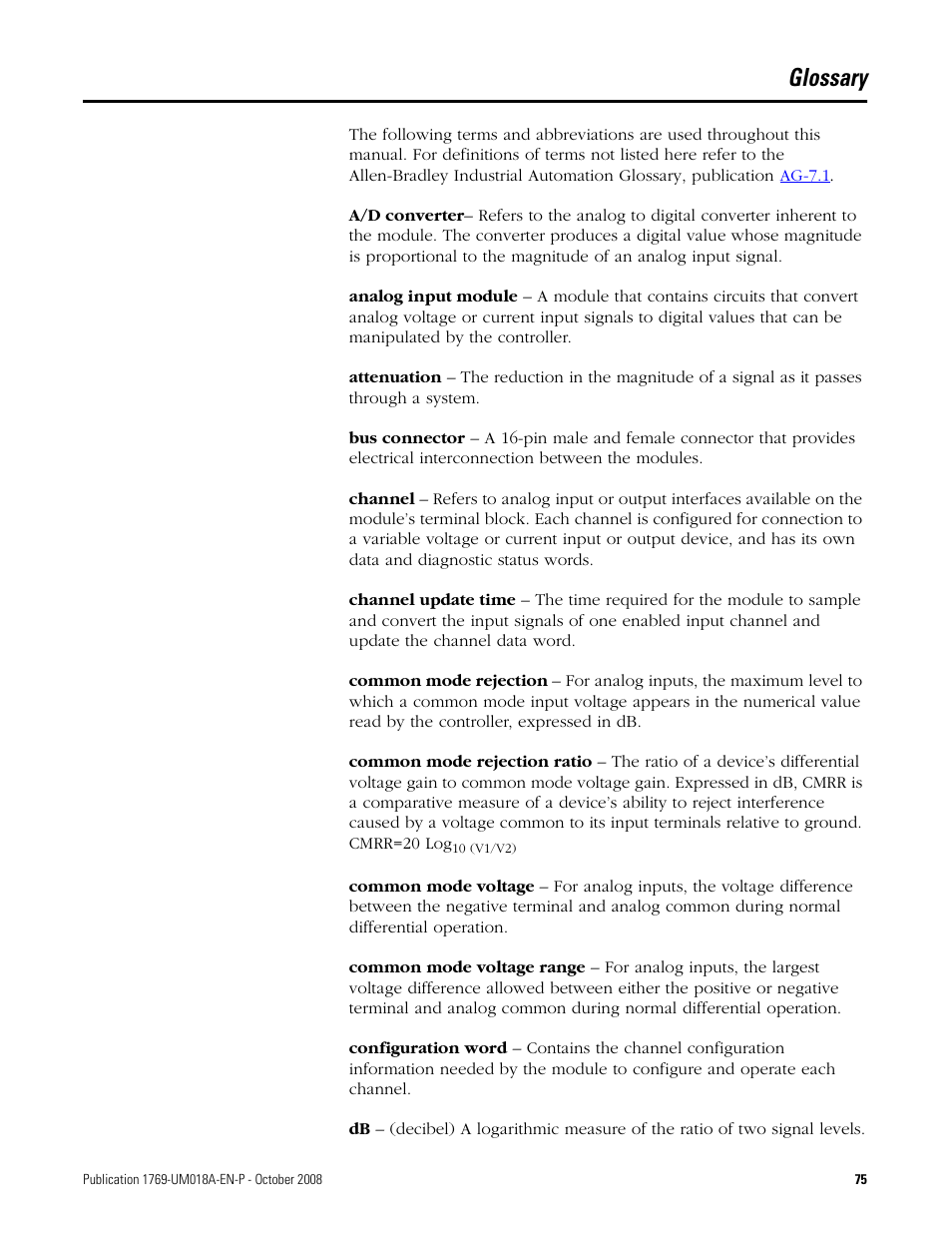 Glossary | Rockwell Automation 1769-IF16V Compact High Density Analog Input Modules User Manual | Page 75 / 84