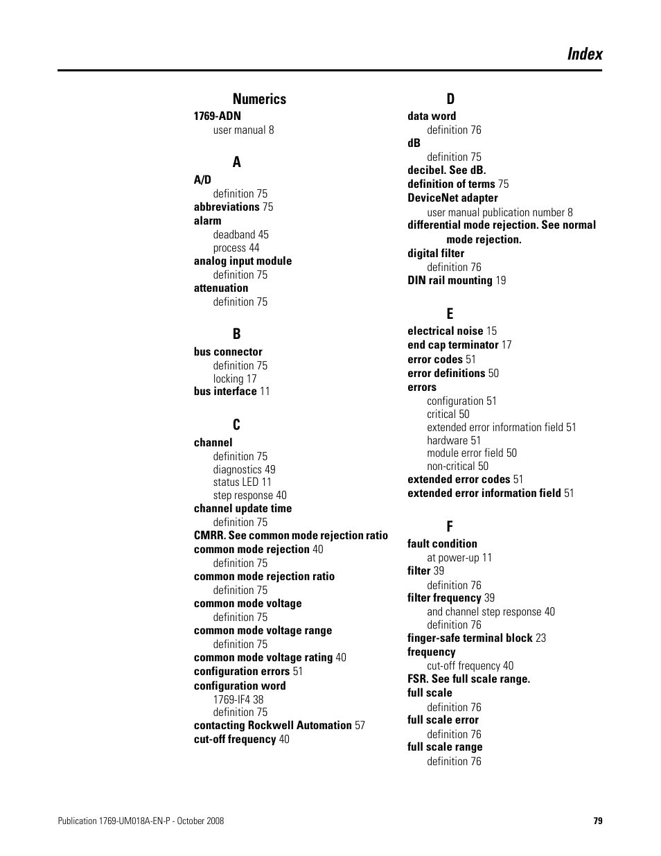 Index, Numerics | Rockwell Automation 1769-IF16V Compact High Density Analog Input Modules User Manual | Page 79 / 84