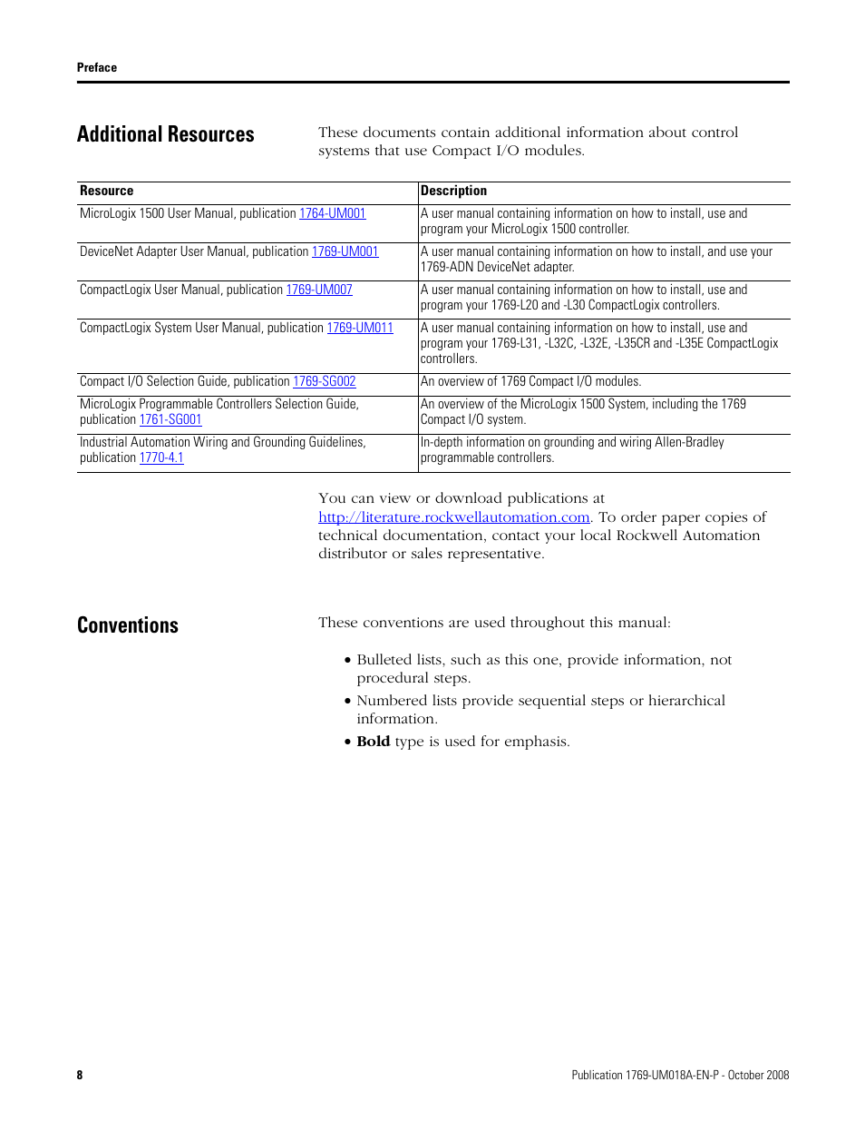 Additional resources, Conventions, Additional resources conventions | Additional | Rockwell Automation 1769-IF16V Compact High Density Analog Input Modules User Manual | Page 8 / 84