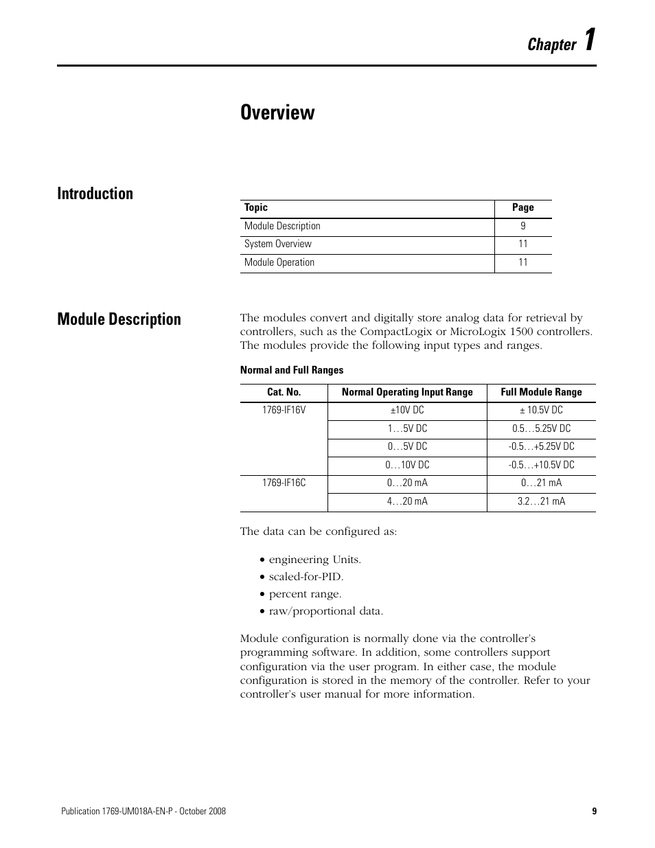 1 - overview, Introduction, Module description | Chapter 1, Overview, Introduction module description, Chapter | Rockwell Automation 1769-IF16V Compact High Density Analog Input Modules User Manual | Page 9 / 84